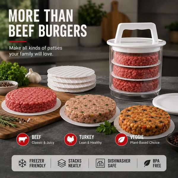 Non-Stick Burger Mold Shaper with Freezer Storage Container - 12-Piece Set with 8-Layer Plastic Discs