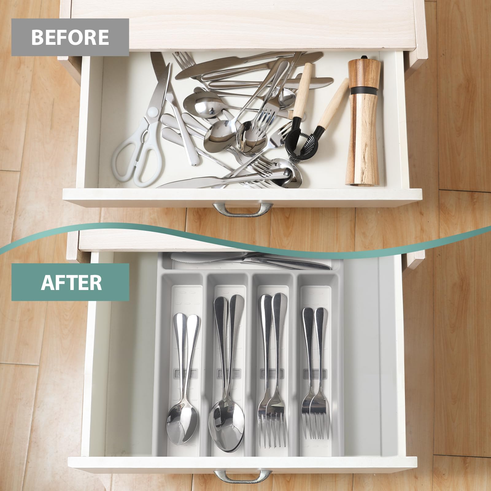 Silverware Organizer,Plastic Cutlery silverware Tray for Drawer,Fits Standard Drawer,5-Compartment,White