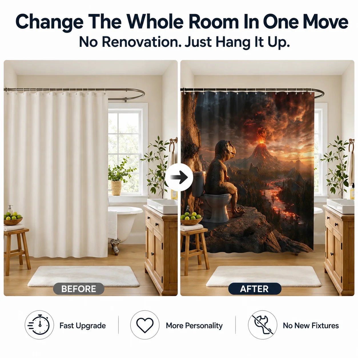 Fun Dinosaur Volcano Bathroom Shower Curtain